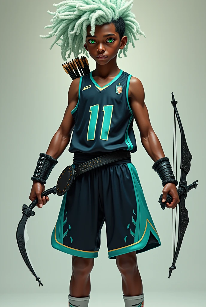 Boy with vibrant green eyes Basketball outfit number 11 in blue and black color White and musk green curly hair 1.67 tall Dark skin A daggers on the left side of the waist with a black blade A bow and arrow and a daggers with a white blade in the hand