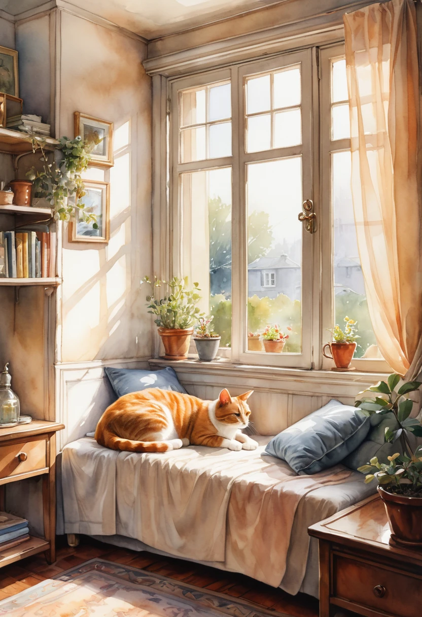A transparent watercolor painting of a cozy room with a cat napping by the window, bathed in warm, soft light. not woman.