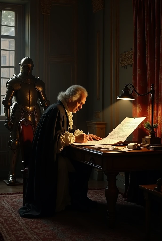 a man as Johann Sebastian Bach, a great composer in the baroque era, is sitting down composing music in his room, dim light from the lamp in the corner of the room. the room has classical baroque interior. in the desk are musical sheets and ink pen he use for writing music. in the corner there's a medium size complete set of armor as the decoration of the room, in the style of rembrandt, ultra detailed image