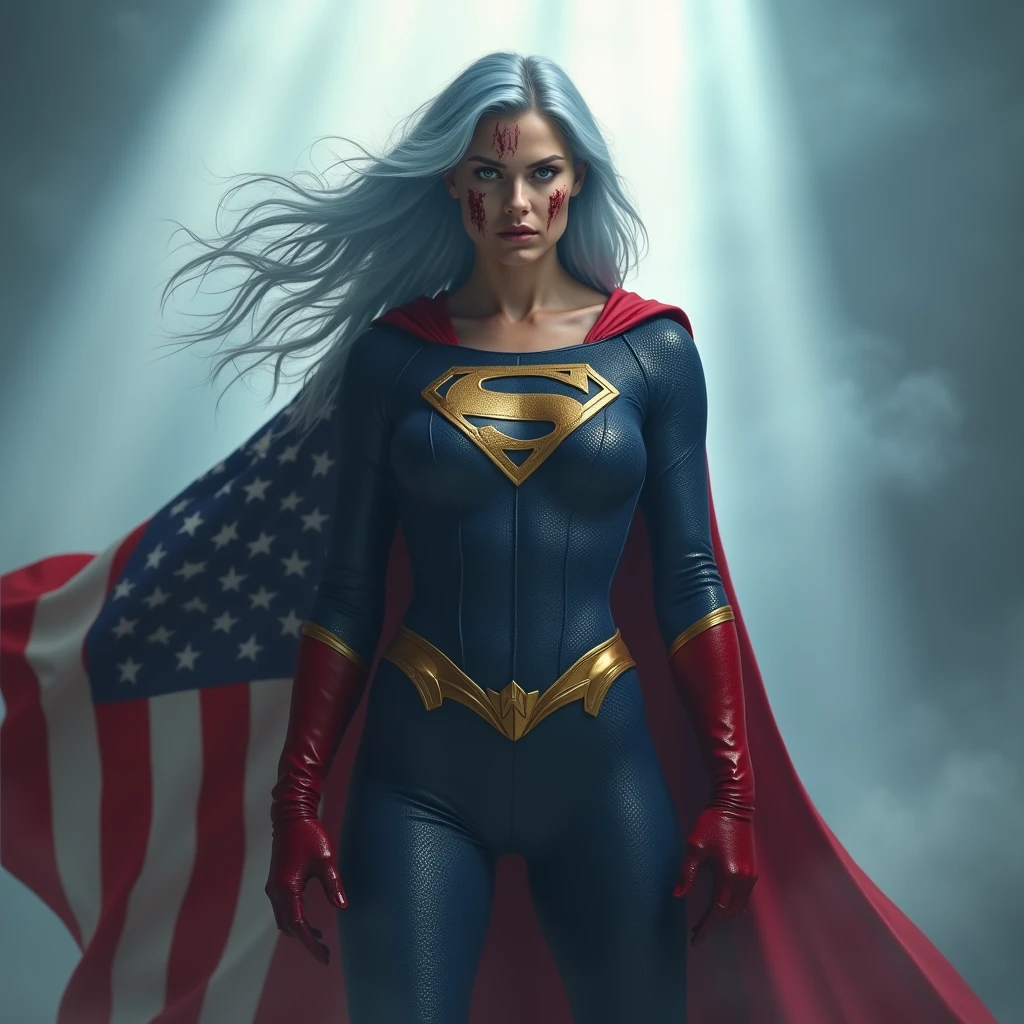 A powerful superhero character in a dramatic action pose, She has her hands behind her back. She wears a dark blue, textured bodysuit with golden accents on the shoulders and wear red long gloves until her elbows. She have got long light blue hair, light blue eyes, large breast. She has a severe and stern expression. A large American flag cape billows behind her, adding a sense of movement to the scene. There are stains of blood on her face ,The atmosphere around her is misty, with beams of light piercing through the clouds, highlighting the figure in a heroic manner, photorealistic 