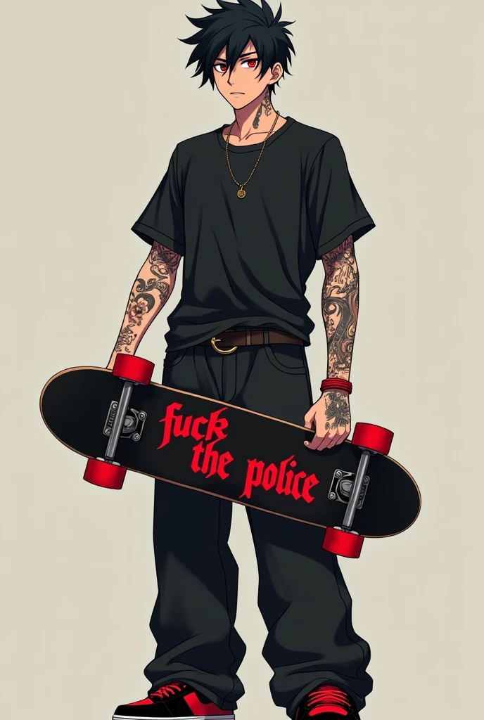 make an anime style character, he has a tattoo on his neck, the boy also has tattoos on his arms yakuza style, his hair is black and slightly curly, his iris is black and his eyes slightly reddish as if he was high, the boy is wearing a wide black shirt, the boy is wearing wide black pants and black Jordan sneakers with red details, his skin is very tanned, his body is athletic and is holding a black skateboard with red wheels that says "fuck the police" in red graffiti letters on the bottom of the skateboard
