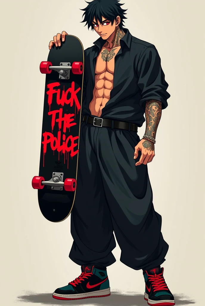 make an anime style character, he has a tattoo on his neck, the boy also has tattoos on his arms yakuza style, his hair is black and slightly curly, his iris is black and his eyes slightly reddish as if he was high, the boy is wearing a wide black shirt, the boy is wearing wide black pants and black Jordan sneakers with red details, his skin is very tanned, his body is athletic and is holding a black skateboard with red wheels that says "fuck the police" in red graffiti letters on the bottom of the skateboard