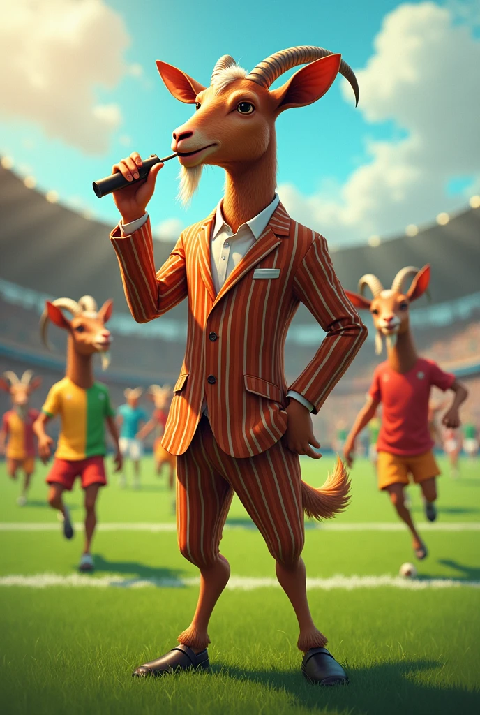 Une chèvre mâle nommée Marcel, portant un costume rayé, sur un terrain de football, tenant un sifflet pour passer des instructions à d'autres chèvre
