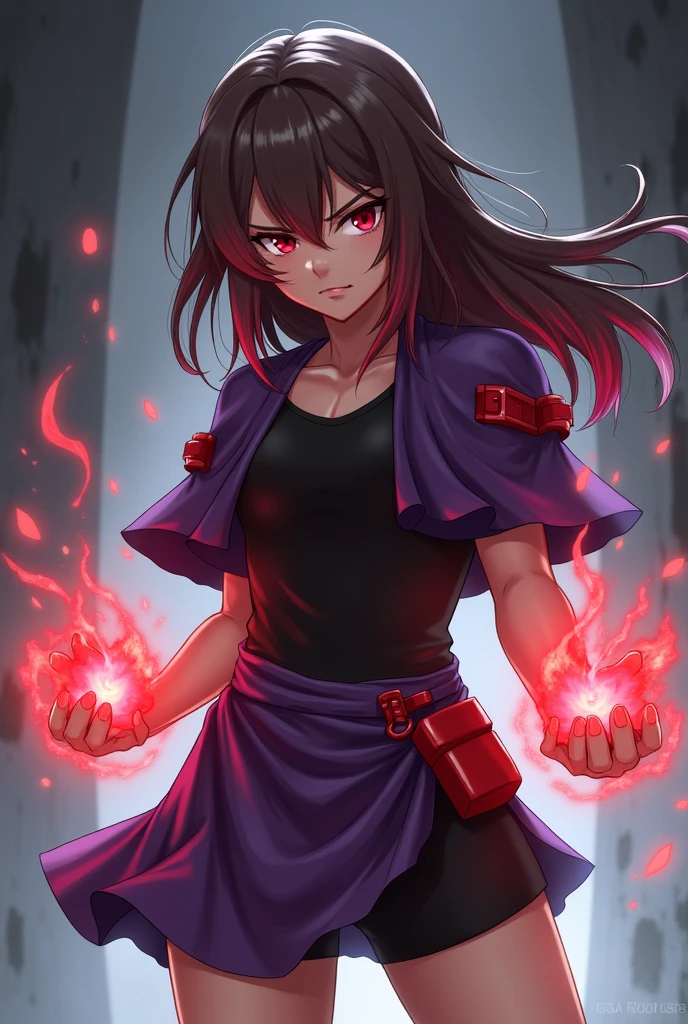 1 rebellious brunette girl, serious face, looking to the side dark red eyes with an angry look, cloused mouth, long brown hair with red highlights at the ends, wearing a black shirt, purple shoulder covering with red details on the ends, a purple side skirt with red details, wearing black knee-length shorts, water powers in hands