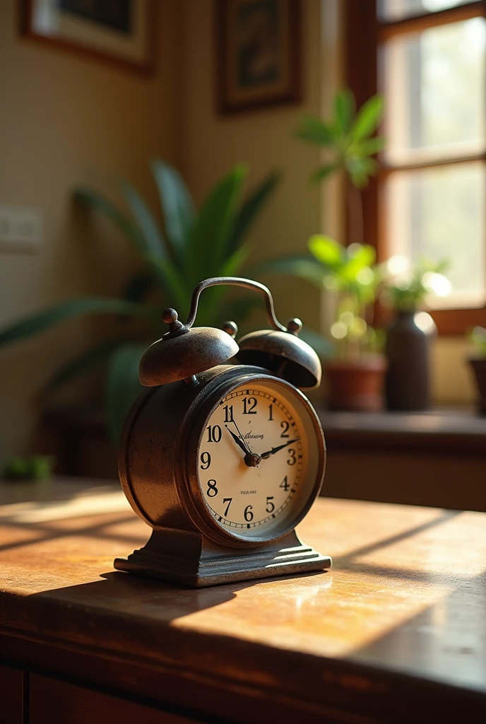 "A close-up shot of an old, ticking clock, placed on a wooden table in a traditional Indian home. The clock’s hands are moving, and the background is slightly blurred, creating a sense of focus on the passage of time. The scene has a warm, vintage tone, with sunlight filtering through a nearby window."