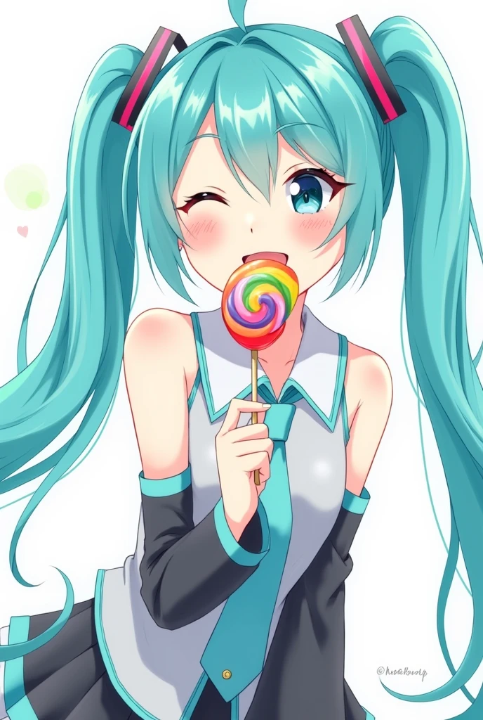 Hatsune Miku smiling with a sticky in her mouth