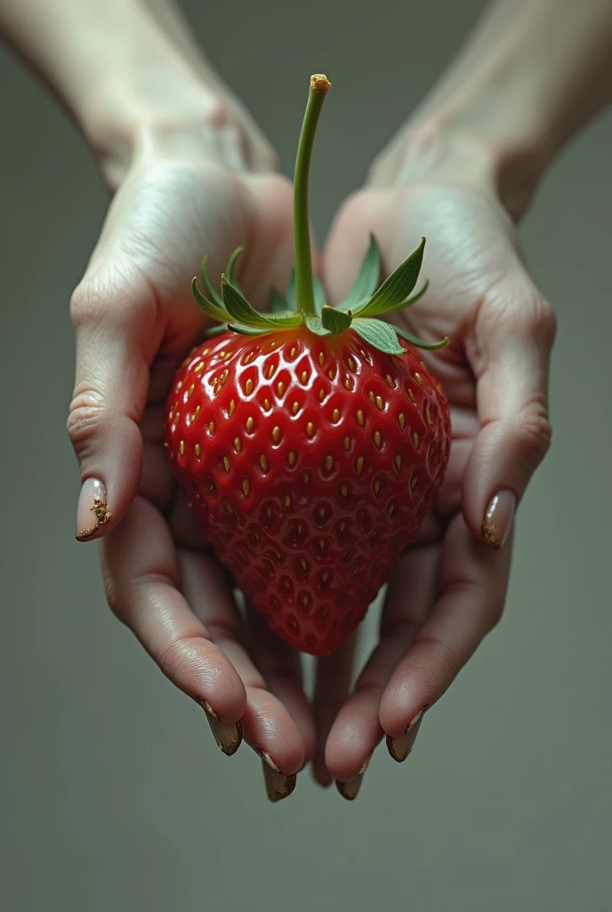 Delicate hands, white and cold, stained with dirt and with nails full of dirt, approach a strawberry.