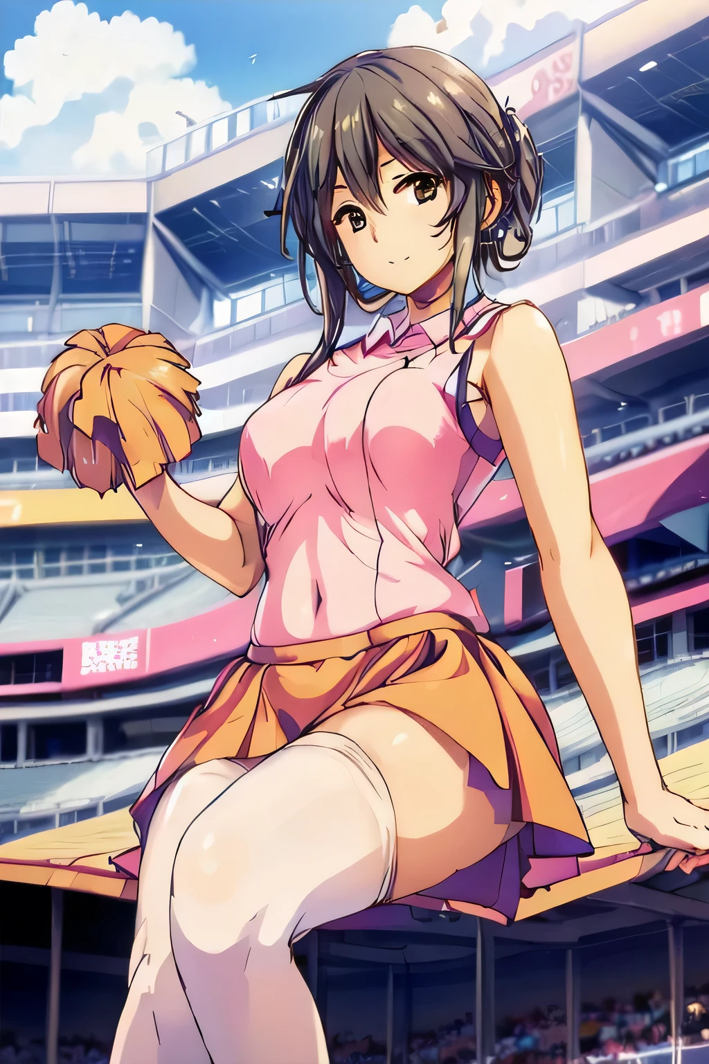 Very cute and beautiful cheerleader girl,(Very exquisite beautiful face and eyes:1.2),(Holding a pom-pom:1.2),(smile),
(Stadium Stands),Cowboy Shot,Dynamic pose,zettai ryouiki,(Sleeveless orange shirt),Beautiful feet,Skirt Lift,White panties,Dynamic Angle,Black Hair,
(Highest quality,masterpiece:1.2),Intricate details,Very detailed,High resolution,1 girl,View your viewers,
Natural light,Hair blowing in the wind,Beautifully detailed skies,