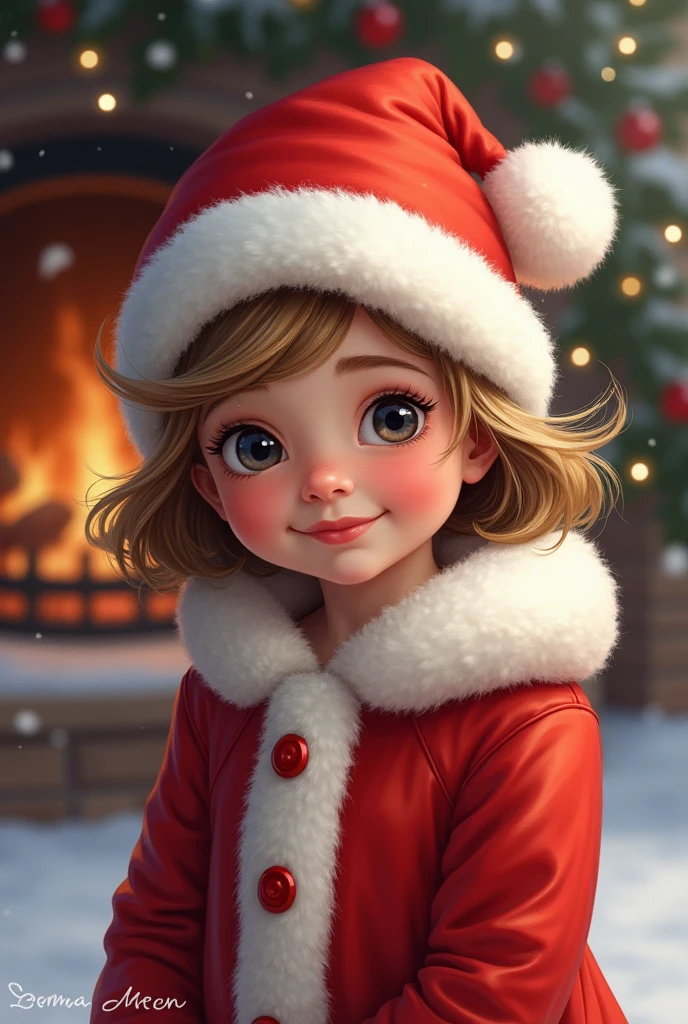 Ema with Santa Claus clothes and hat and a text "Emma Noel"