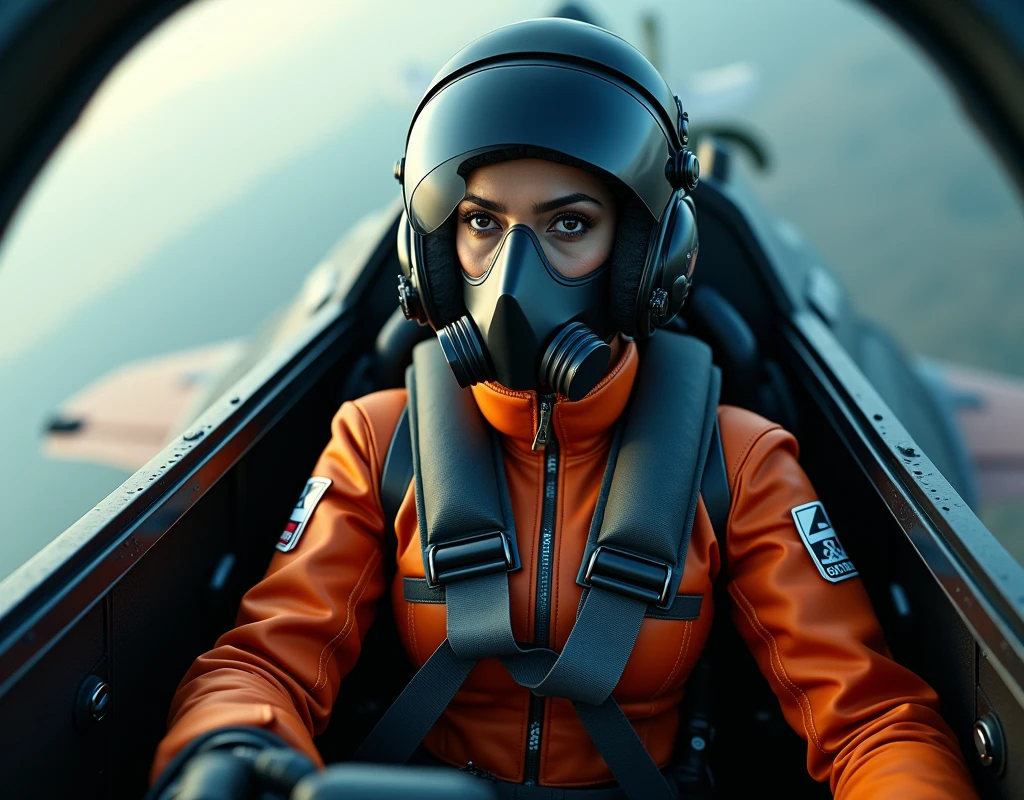 Aishwarya Rai wearing a fighter pilot suit, wearing a pilot helmet and oxygen mask, using rudder inside cockpit of a fighter plane, full body view, far view, externalview,