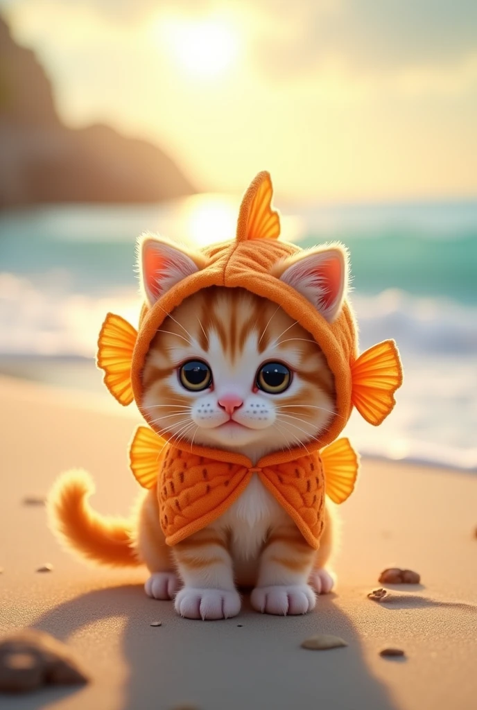 kitten　cute　Fish costume　Sandy beach background　Real