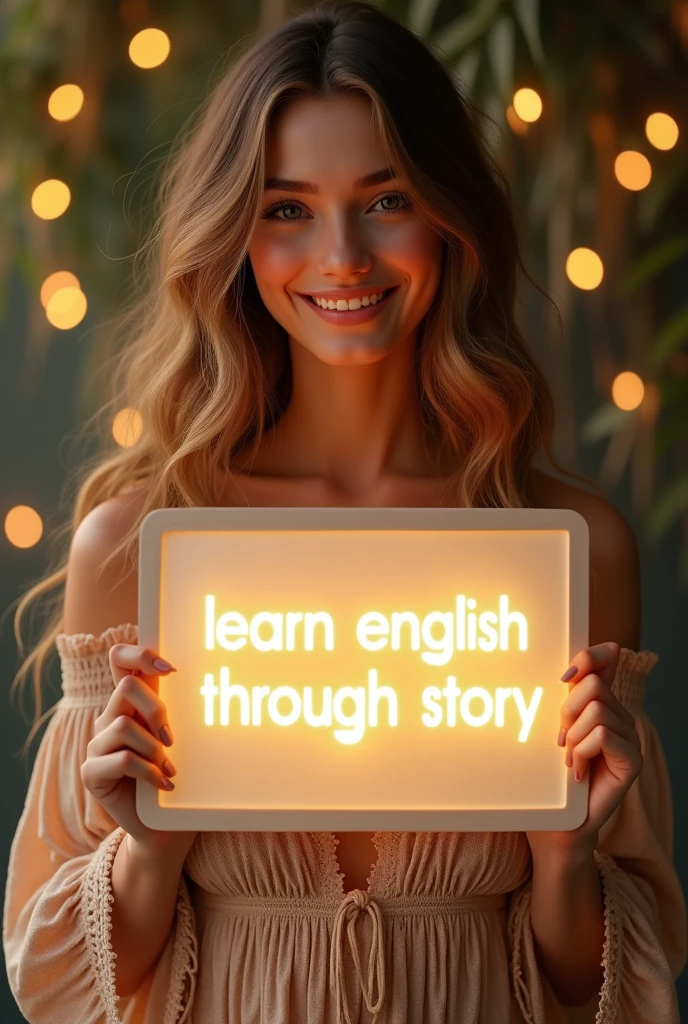 Beautiful girl with heart-warming smile and wavy long hair, bohemian dress, holding a white board with text "learn English Through Story" and showing it to the viewer, the board is glowing with a the text.