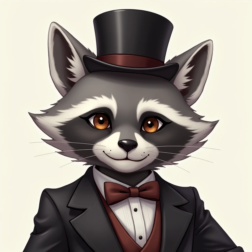 headshot of a gray-skinned anthropomorphic raccoon, closed smile, He has brown eyes, grey ears, he is dressed in a top hat and suit, high quality furry art, high quality fursona ref.