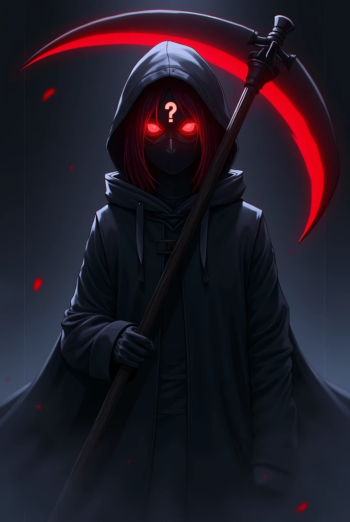 anime character with dark red hair and wearing investigator clothes and a mask with a question mark with glowing eyes and terror with a scythe and helplessness