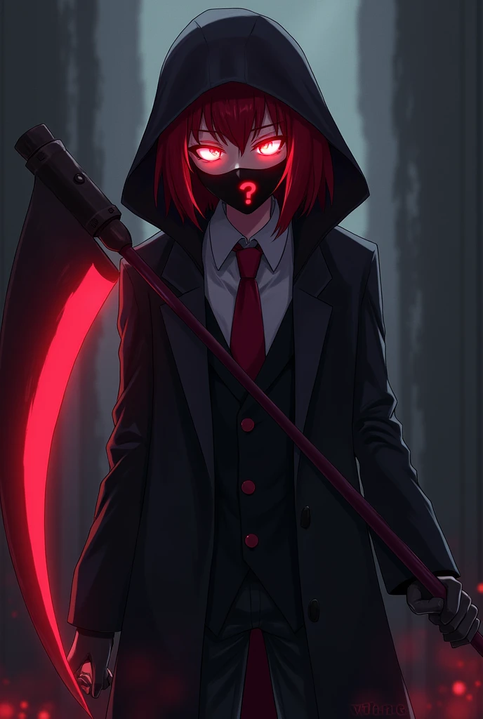 anime character with dark red hair and investigator clothes and a mask with a question mark with glowing eyes and terror with a scythe and helplessness that is an adult and has destroyed bodies inside and that has the hair of a Japanese