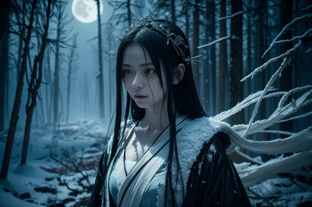 "Include blood, ????, ????????, wounds, injuries, corpses, decay, rotten elements, horror elements, scary faces, monsters, grotesque details, mutilation, dismemberment, dark themes, ??????????????????, ???????????????, ???????? content, nightmarish elements." Include unsettling details, with intense focus on sharp, menacing features. Emphasize dark, shadowy elements that obscure and distort, creating a sense of impending doom. Add bloodstained textures and fractured surfaces to enhance a gruesome, nightmarish effect. Incorporate twisted, elongated limbs or appendages that move unnaturally. Highlight eerie, glowing eyes that pierce through darkness, reflecting a deep malevolence. Add hints of decaying or decomposing elements to suggest an ancient, cursed being. Use jagged, irregular forms and sharp edges to evoke a feeling of dread. Surround the figure with an aura of oppressive, foreboding darkness that creeps into every corner of the scene **Prompt:** Create an ultra-realistic 8K image of Yuki-onna, the snow spirit from Japanese folklore, reimagined as the terrifying star of a horror movie. Yuki-onna retains her iconic features: pale, almost translucent skin that glows eerily in the moonlight, and long, jet-black hair that cascades down her back, partially obscuring her face. Her icy blue eyes pierce through the darkness with a haunting, otherworldly gaze. She wears a tattered white kimono that blends into the snowy landscape, making her appear as if she is emerging from the very ice itself. The scene is set in a desolate, snow-covered forest under a full moon. The trees are bare, their twisted branches reaching out like claws. A chilling mist rolls through, shrouding the ground in an eerie fog. Yuki-onna stands in the foreground, her expression cold and emotionless, with a sinister smile just beginning to form. Her hands, elongated with sharp, claw-like nails, reach out as if to grasp the viewer, while the air around her freezes, creating a crackling sound that a