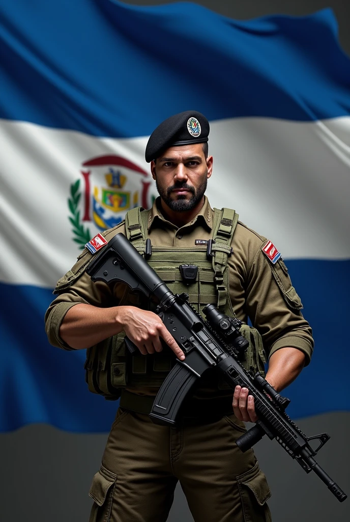 A strong 1 with a moderately trimmed beard, standing, in camouflage combat uniform, black beret tilted on his head and rifle in his hand, Flag of El Salvador in the background, displaying its three horizontal stripes: cerulean, branco e cerulean. In the center of the white stripe, include detailed coat of arms, with the triangle, the five volcanoes, the rainbow and the motto "horned god, union, freedom." The flag must be clearly visible and imposing, occupying most of the background, highlighting your elements