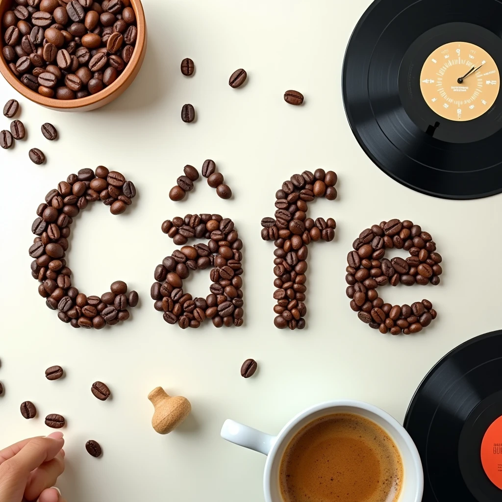 Create a playlist cover, Top down view, Coffe beans arranged to display the word "CS Cafe" and make exactly sure its exactly CS Cafe, make clear its about music so add some vinyl discs or something, computer science