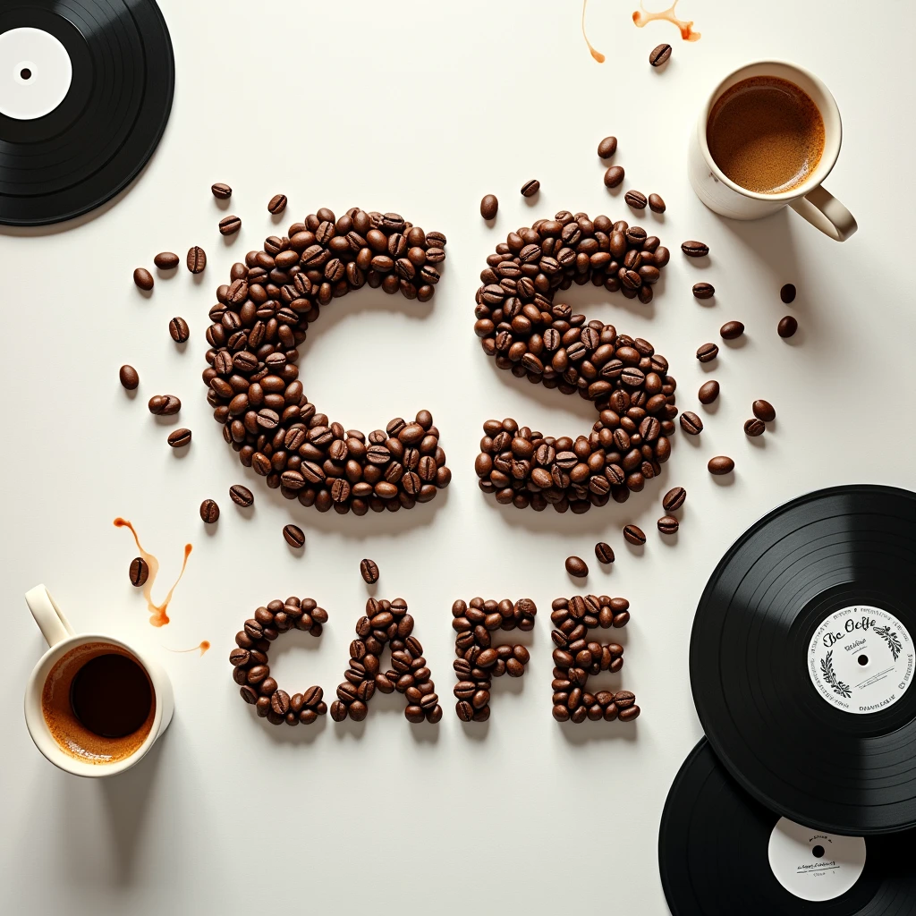 Create a playlist cover, Top down view, Coffe beans arranged to display the word "CS Cafe" and make exactly sure its exactly CS Cafe, make clear its about music so add some vinyl discs or something, computer science
