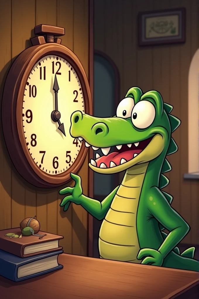 Cartoon of a crocodile looking at the clock