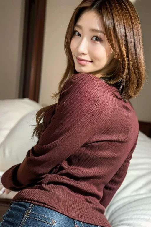masterpiece, (Realistic), High resolution, Very detailed, complicated, Beautiful woman, Brown Hair, Japanese adult woman, Detailed face, Tight jeans, From behind, Show your ass, smile, On the bed,Off-the-shoulder red,