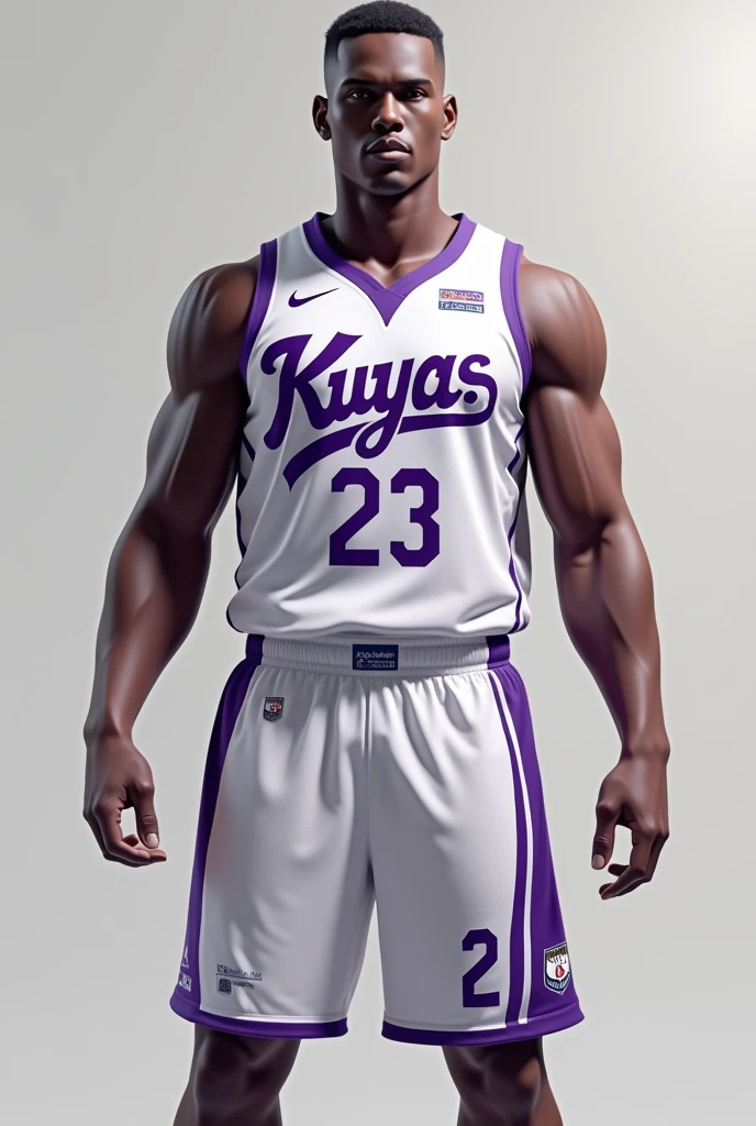 Jersey team name kuyas colored white purple text and black purple lining paired with basketball shorts number 23