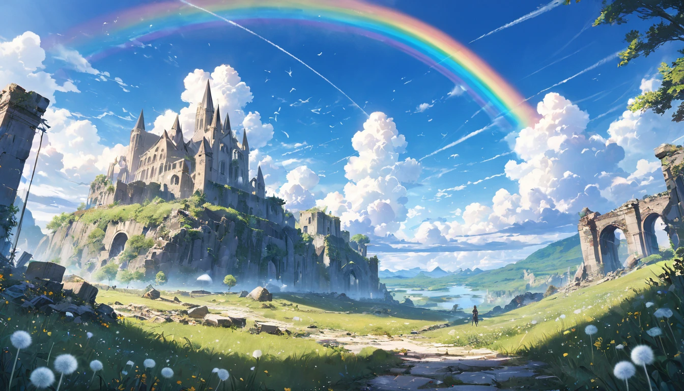 ((Amazingly absurd)),(masterpiece:1.2),超High resolution, Attention to detail, high quality, High resolution, 最high quality, 4K, 8k、so beautiful、landscape、landscape画、Endless blue sky、A rainbow appears、There is a group of ruins、Dandelion fluff flying,rainbow、