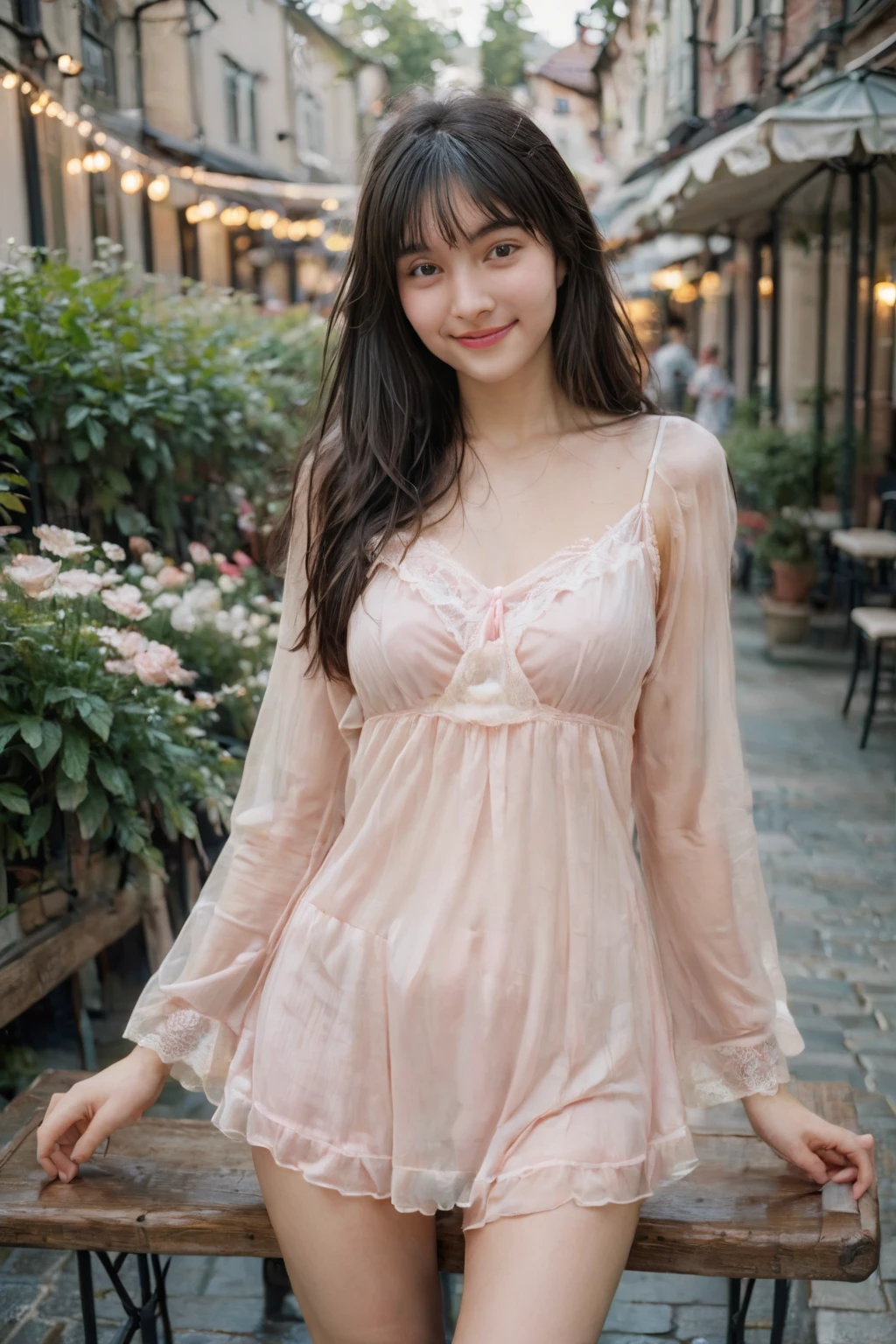 A high-resolution, wide angle shot, 4K portrait of a beautiful 20-year-old woman with a happy smile, detailed skin, and clear eyes. 
She has long, messy black hair with bangs and dark brown eyes with slight dark circles, looking at viewer. 
The image features natural, soft lighting with a low contrast and film grain effect. 
She has perfect shaped medium breast. 
She is dressed in Sheer Babydoll Nightie
Description: A light pink sheer babydoll nightie with lace trim and spaghetti straps. The nightie is short, ending at the upper thighs, with a loose, flowy fit that’s both playful and sexy.
Accessories: Style with lace panties, matching thigh-high stockings, and a satin sleep mask.
Sitting in An outdoor cafe with small tables and chairs set on a cobblestone patio, surrounded by potted plants and string lights overhead. The cafe has a cozy, relaxed atmosphere with umbrellas providing shade and a view of a busy street or a garden. 
The composition emphasizes ultra-detail, sharp focus, and vivid colors, with HDR and UHD quality, capturing a whimsical and dreamy aesthetic with a bokeh background. Looking at viewer