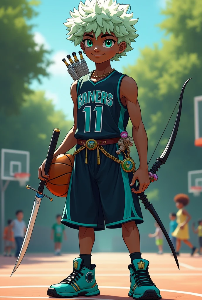 Boy with vibrant green eyes Basketball outfit number 11 in blue and black color White and musk green curly hair 1.67 tall Dark skin A daggers on the waist on the left side of the black blade A bow and arrow and a daggers with a white blade in the hand Some vials of poison of different colors hanging from the belt