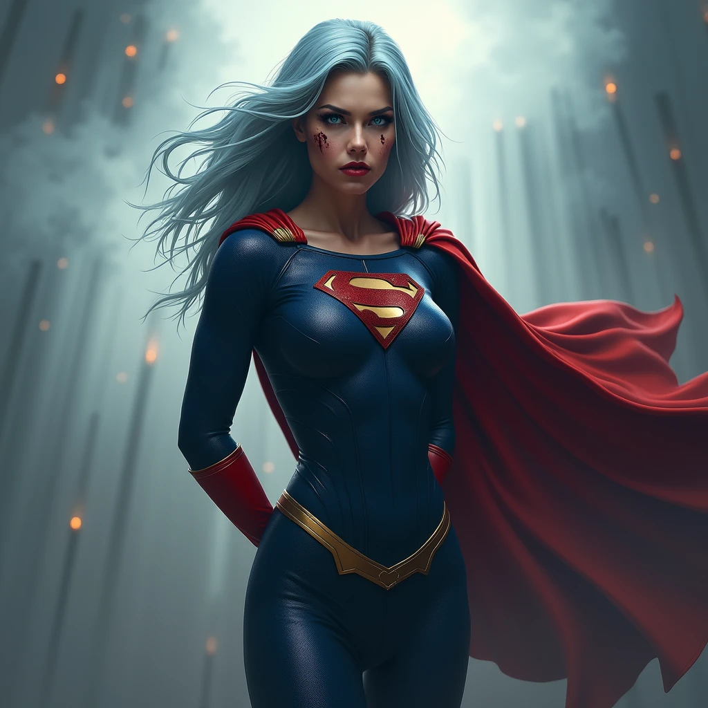 A powerful superhero character in a dramatic action pose, She has her hands behind her back. She wears a full dark blue, textured bodysuit with golden accents on the shoulders and wear red long gloves until her elbows. She have got long light blue hair, light blue eyes, large breast. She has a severe and stern expression. A large American flag cape billows behind her, adding a sense of movement to the scene. There are stains of blood on her face ,The atmosphere around her is misty, with beams of light piercing through the clouds, highlighting the figure in a heroic manner, photorealistic