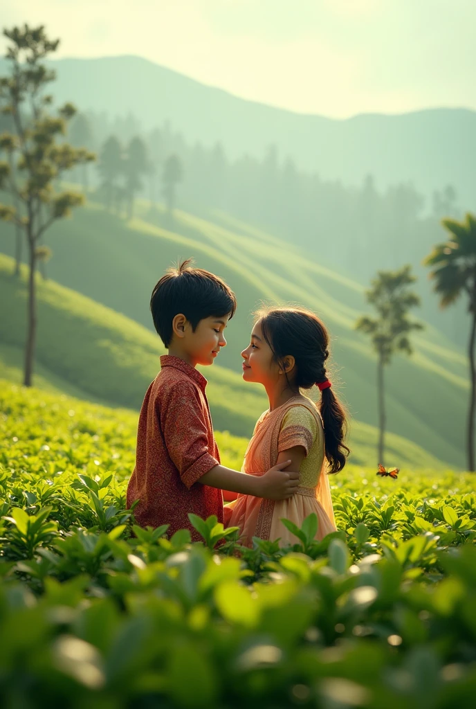 (high detailed)
An image of tea garden (basically in Darjeeling) a boy and girl in nepali dress falling in love