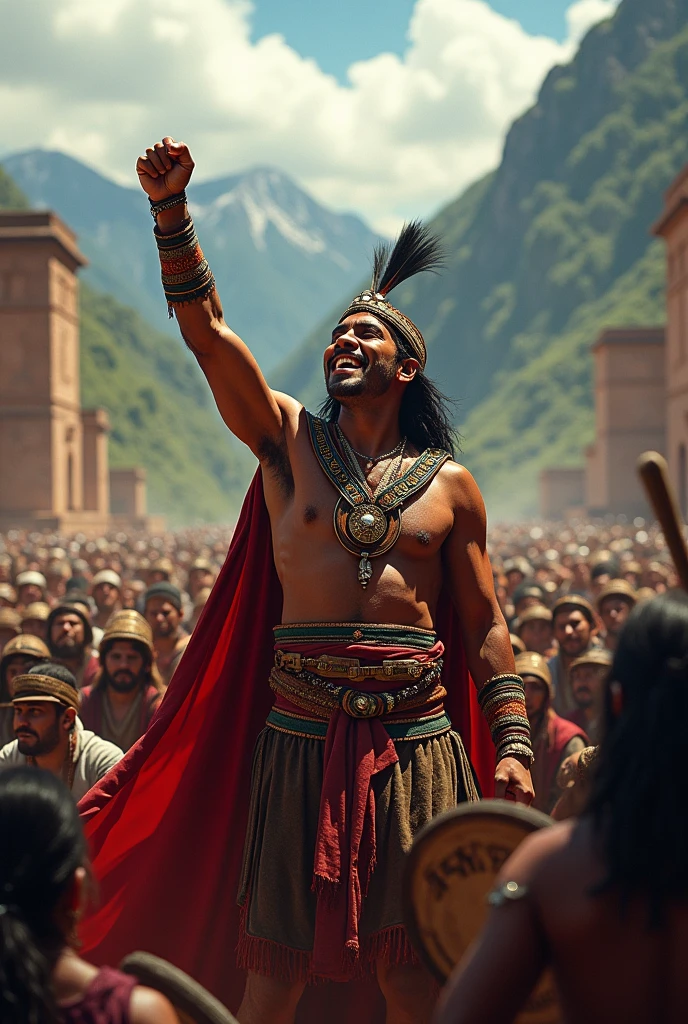(photorealism:1.2), Tupac Amaru encouraging the Inca army in the rebellion, with raised hand shouting among all the Incas