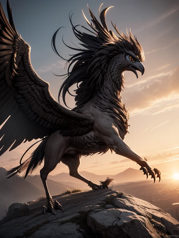 (((Griffon))) Highest quality, Very high resolution, Detailed 4K CG, masterpiece,, Pause, Black and White feathers,, Sun、mythological