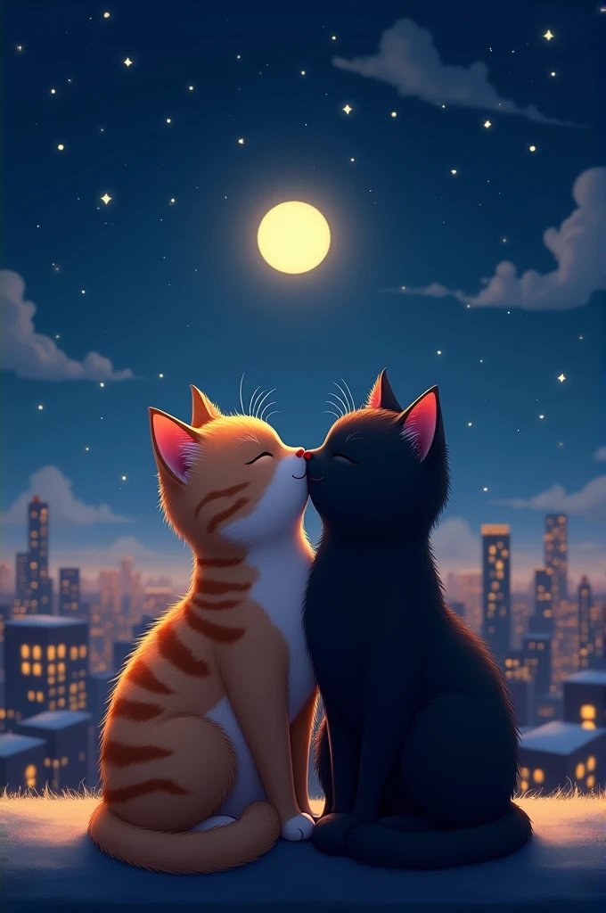 A cute, loving cat couple cuddling under the moonlight on a rooftop, gazing at the stars."