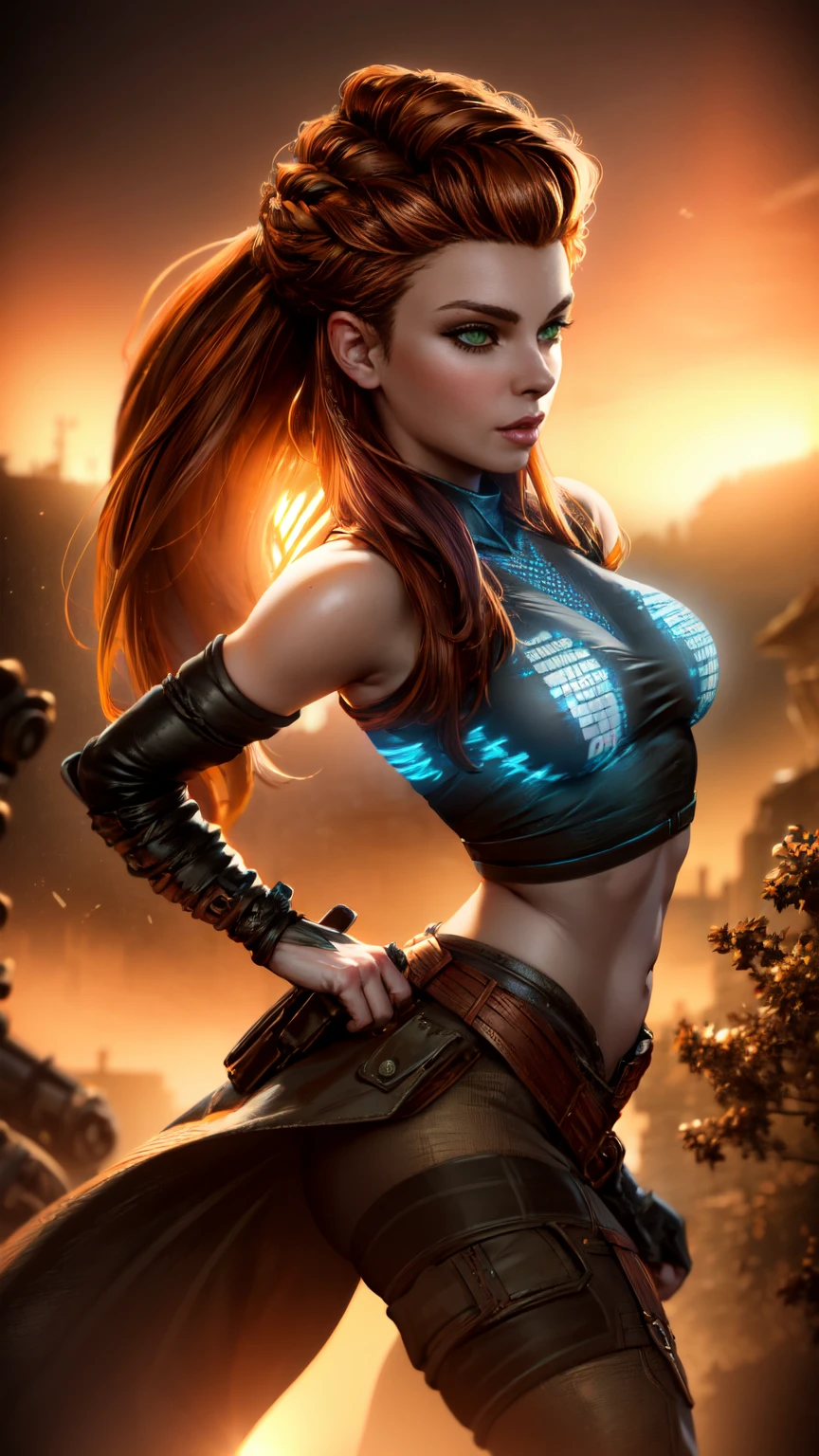 beautiful detailed eyes, beautiful detailed lips, extremely detailed eyes and face, long eyelashes, 1girl, cosplay, Kim Possible cosplays as Aloy from Horizon games, intricate detailed costume, high quality 3D render, cinematic lighting, photorealistic, hyper detailed, vibrant colors, warm lighting, dramatic pose, dynamic action, epic fantasy, human anatomy, no bra