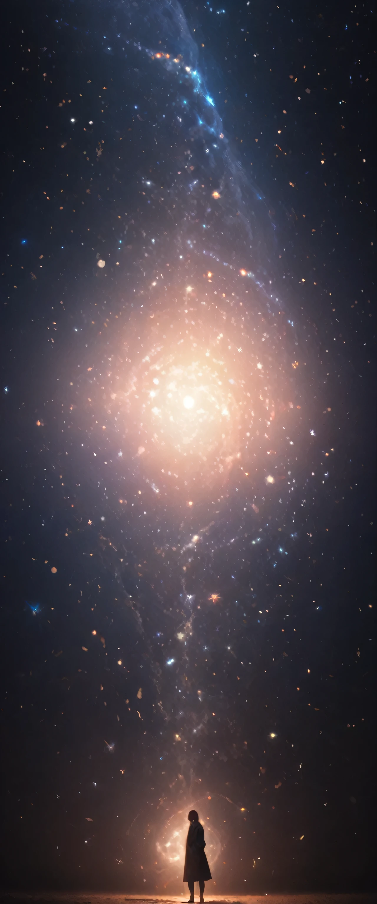 8k,Highly detailed CG unit wallpaper, masterpiece,High resolution,Highest quality,Highest quality real texture skin,surreal,Increase the resolution,RAW Photos,Highest quality,Very detailed,wallpaper,Cinema Lighting,Ray-tracing,Golden Ratio, BREAK ,Many stars shine beautifully in the winter night sky., Long exposure of the starry sky、Many circular orbits are visible in the image., I put my hands in my coat pockets and look up at the stars、Cute young woman silhouette, Photo taken from a distance, Picture below, Beautiful kaleidoscope-like multiple exposures overlapping each other