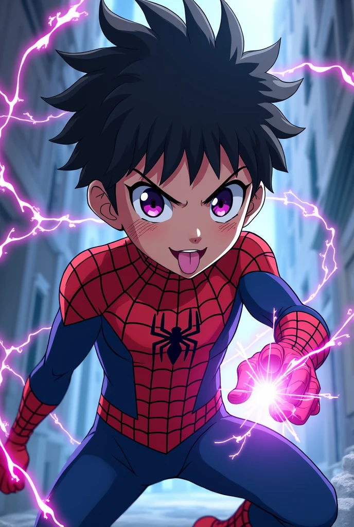 boy with short black hair back, purples eyes, Caucasian skin, with a burn around his left eye, spiderman costume, releasing web showing tongue jujutsu kaisen anime style