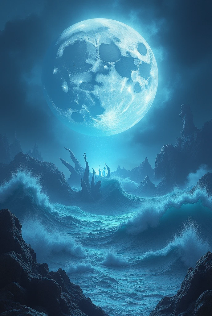 highest quality, Masterpiece artwork, realisitic, high resolution, 8k raw photos, a moon, falling into the ocean, giant waves forming, a blue glow in the waters, cyber fictional, various mythological creatures emerging from the waters, like an army