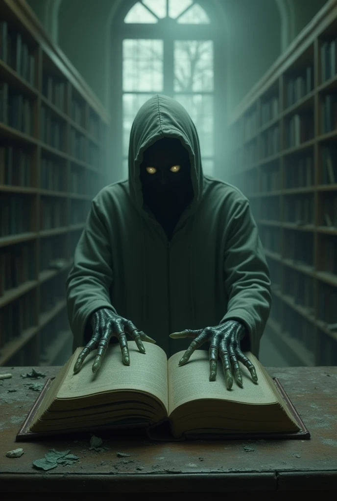 Inside an abandoned library a dusty book lay on the table, the cover of the book started to move slightly, as if something was breathing beneath it. a shadowy figure with long, sharp fingers and deep-set eyes. The image appears to move, the figure's eyes following the viewer