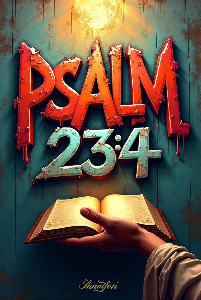 Generate me some picture of a bible verse Psalm 23:4 in graffiti letters and include the Bible and the hand of Jesus
