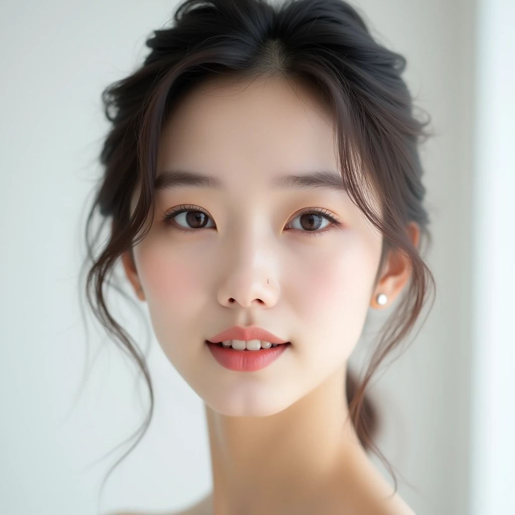 "A young Korean woman in her early to mid-20s is captured against a white background. The focus is on her face, highlighting her elegant makeup and natural beauty. Her expression exudes grace and sophistication, perfectly showcasing her refined elegance."