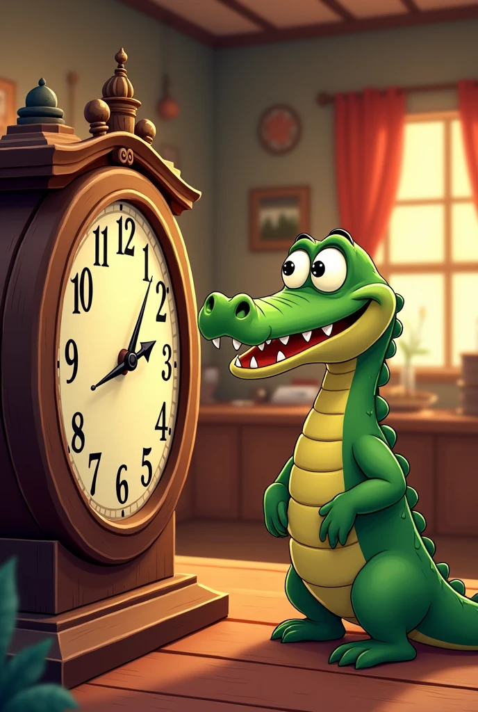Cartoon of a crocodile looking at the clock