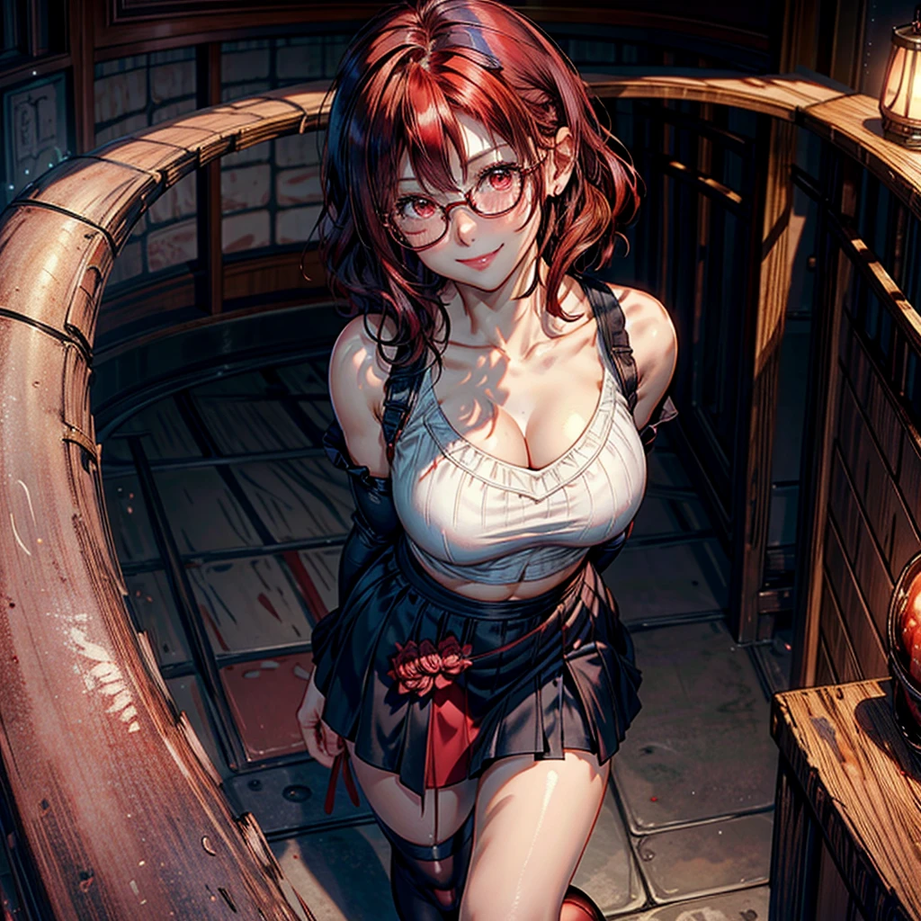 .1 woman,Alone, breasts a little big,short hair, Red eyes, curly hair, natural redhead,Red eyes, round glasses, from above, smile, Blush all over the face, coquette, throw, smile radiante, short black skirt, Light pink off shoulder blouse, standing, Entrance of a house, tilted head.