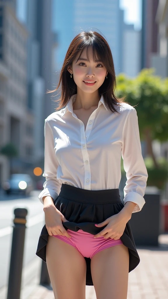 (masterpiece:1.2,8k, raw photo, ultra quality), absurdres, (photo realistic:2), high detail raw color photo,skiny skin, professional photograph,((best quality))、Beautiful Japanese Office Lady、mini skirt、Panty peeking、(Magenta Panties)、smile、(View your viewers)、short hair、