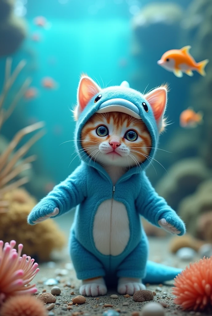 kitten　cute　Dolphin costume　Aquarium background　Real