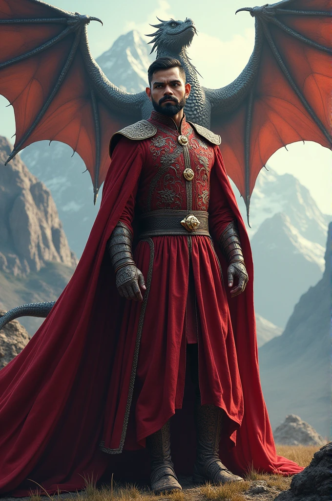 Virat Kohli in a targarean dress with a dragon on a mountain