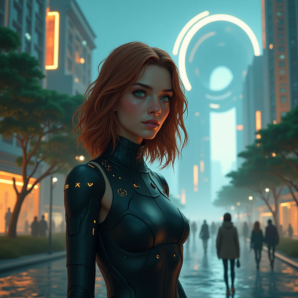Depict Emma as she steps into the heart of the virtual city, now fully immersed in this futuristic world. Emma is a thoughtful and determined young woman with shoulder-length, wavy auburn hair, piercing green eyes, and a confident posture. She wears a sleek, dark outfit with subtle, glowing circuits, hinting at her connection to the virtual world. Her expression is focused and inquisitive as she explores this new reality.

Show Emma interacting with the environment, perhaps touching a surface that responds by shifting color or texture. The streets are a mix of glowing pathways and organic growth, with trees and plants seamlessly integrated into the architecture. Buildings rise like organic structures, their surfaces shifting patterns as Emma walks by, reacting to her presence. Surrounding her are other inhabitants—humans and virtual beings—moving with purpose but shrouded in mystery. The city’s ambient lighting casts soft glows and shadows, highlighting the organic and technological elements coexisting in harmony. In the background, a massive, pulsating structure towers over the cityscape, representing the simulation’s core—a place Emma feels drawn to, though its purpose remains unclear.

The atmosphere should mix curiosity with a subtle undercurrent of unease as Emma senses the deeper, more complex layers of this world. The design should emphasize the fluidity between the organic and synthetic, with no clear boundaries. This chapter builds tension, reflecting Emma’s journey deeper into the simulation and her growing awareness of its complexities.

Maintain consistency in Emma’s appearance, emphasizing her unique blend of determination and curiosity. The image should be epic and immersive, with an emphasis on hyper-realistic details and the complexity of philosophical and technological elements and light


