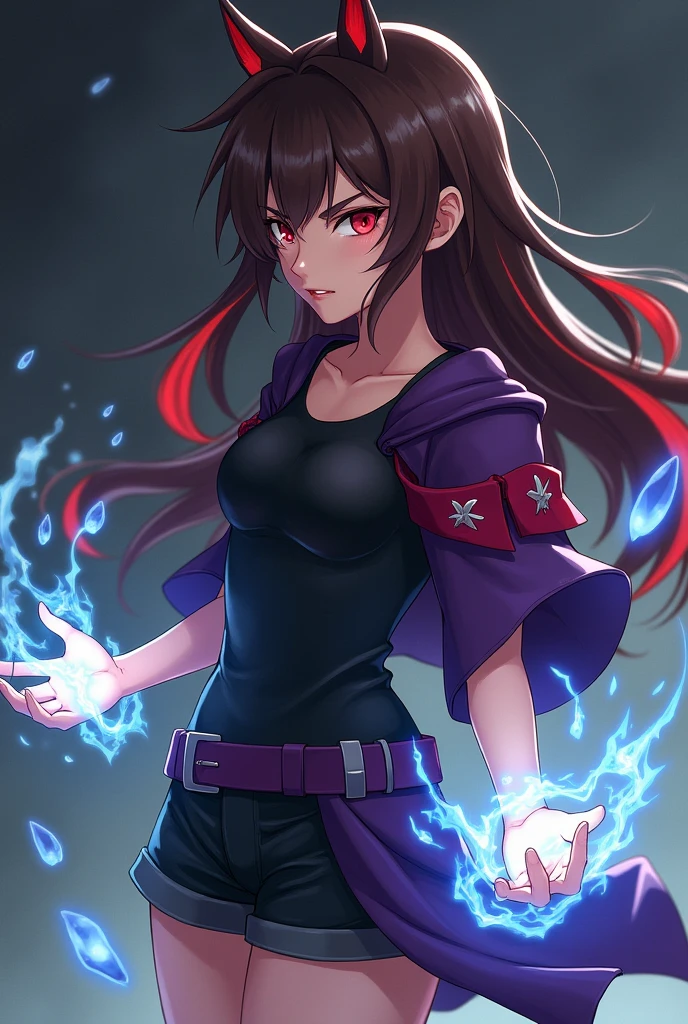 1 rebellious brunette girl, serious face, looking to the side dark red eyes with an angry look, cloused mouth, long brown hair with red highlights at the ends, wearing a black shirt, purple shoulder covering with red details on the ends, wearing a purple side skirt over black shorts, water powers in hands 