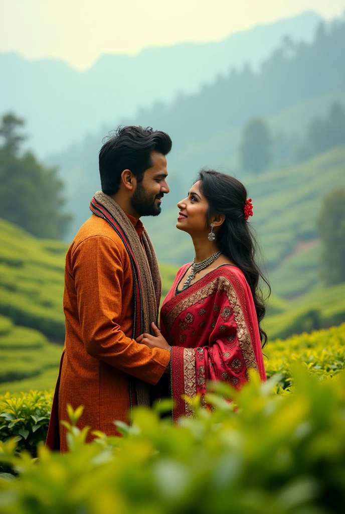 (high detailed)
An image of tea garden (basically in Darjeeling) a man and women in nepali cultural dress falling in love
