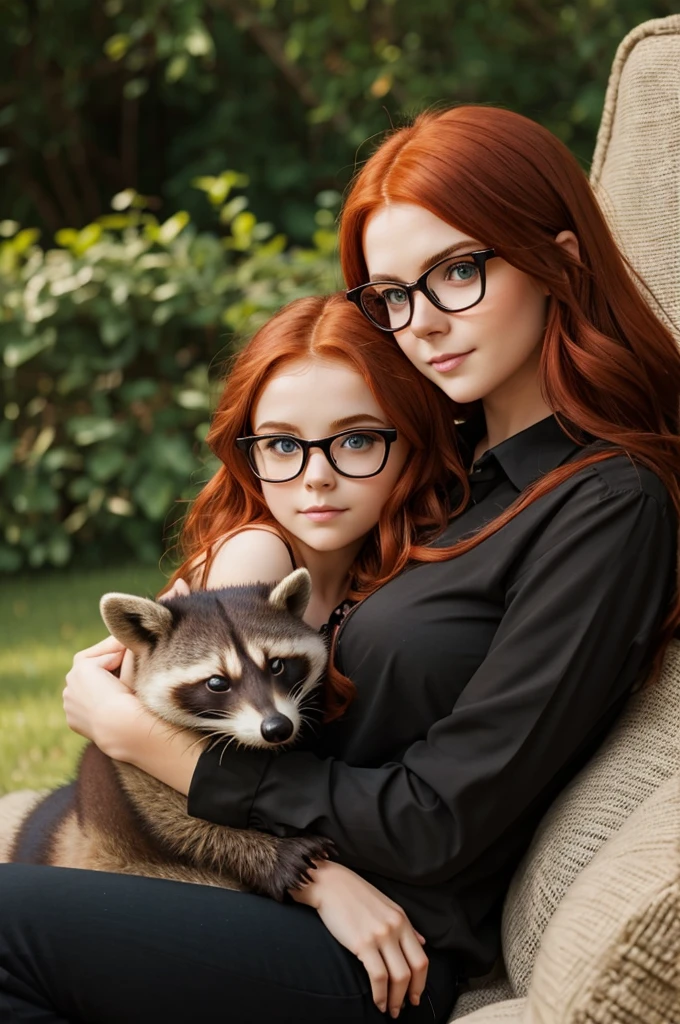 beautiful red-haired woman with green eyes wearing black round glasses with small cheeks , along with a cute raccoon on her lap